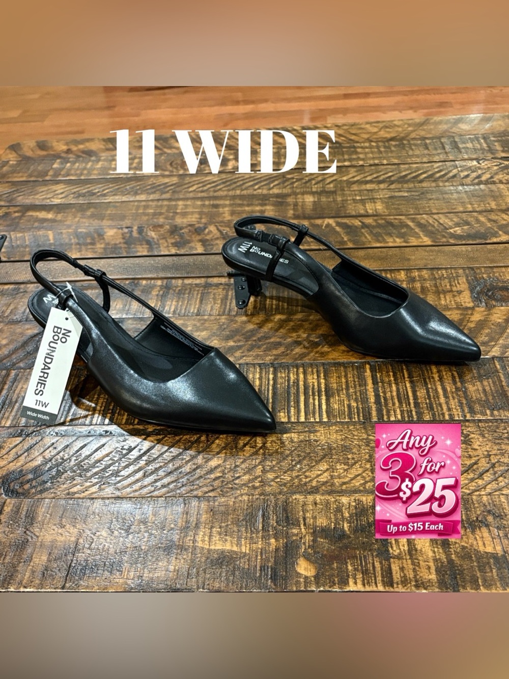 11 WIDE No Boundaries Black Pointed Slingback Kitten Heel